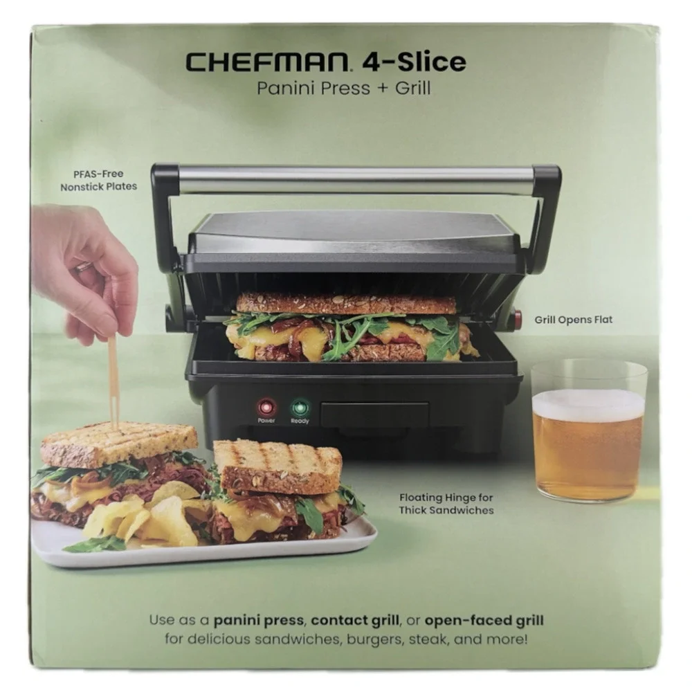 Chefman 4-Slice Panini Press Grill Gourmet Sandwich Maker 180 Deg New Open Box
